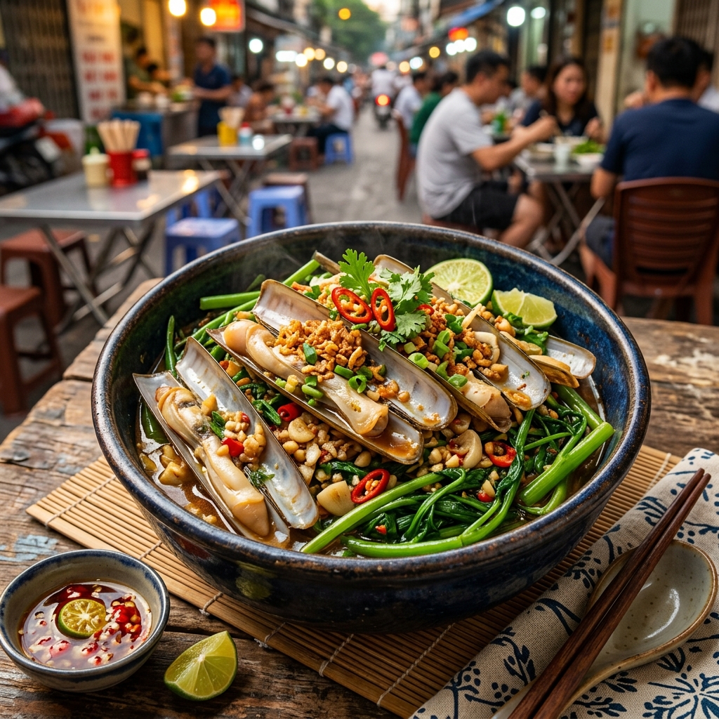 Ốc Móng Tay Xào Rau Muống