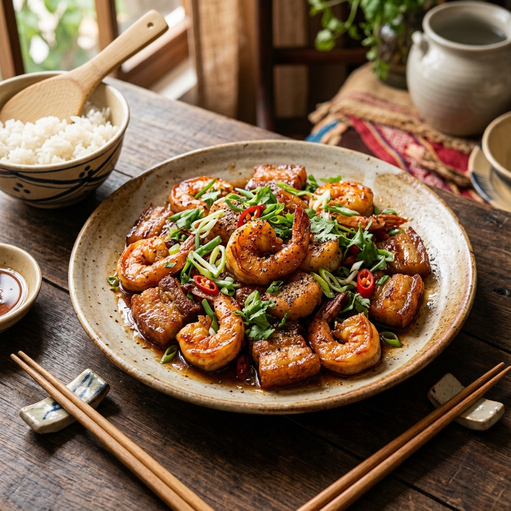 Tôm Rang Thịt Ba Chỉ